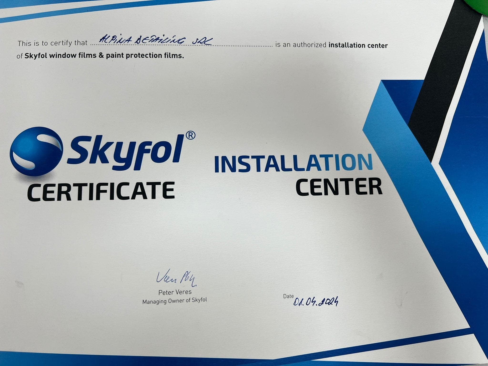 Certificat Skyfol Installation Center pentru Alpina Detailing