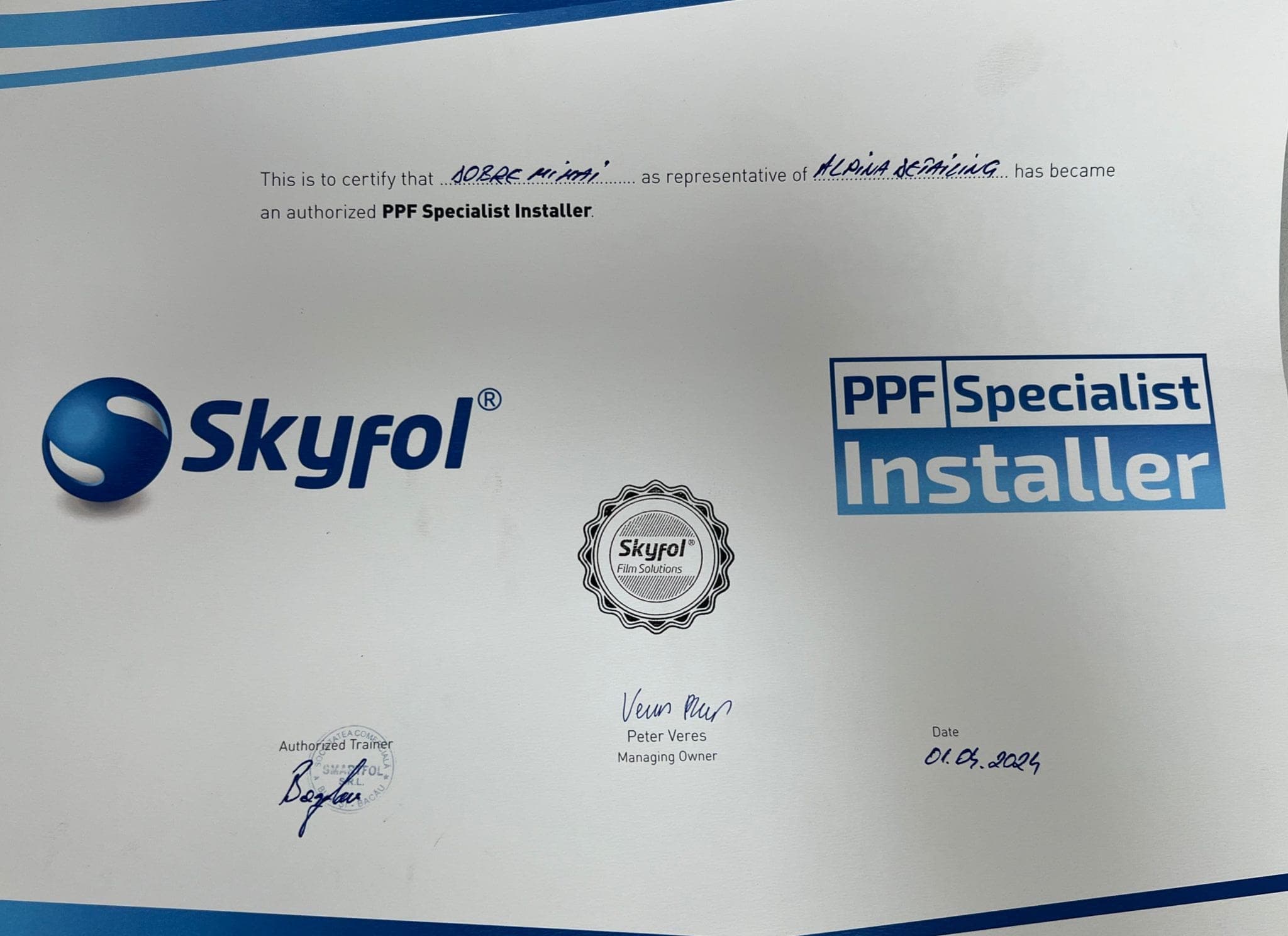 Certificat Skyfol PPF Specialist Installer pe numele Alpina Detailing